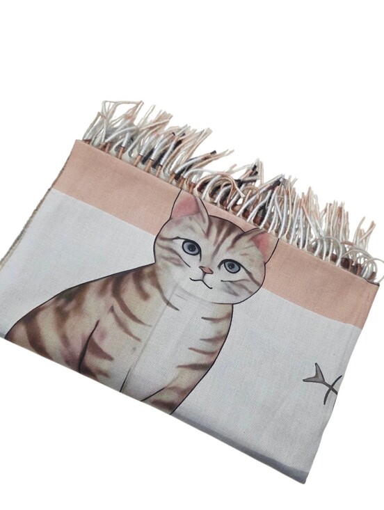 Accessories - Cat Print Fringe Pet Blanket Scarf wrap - Pink and Cream